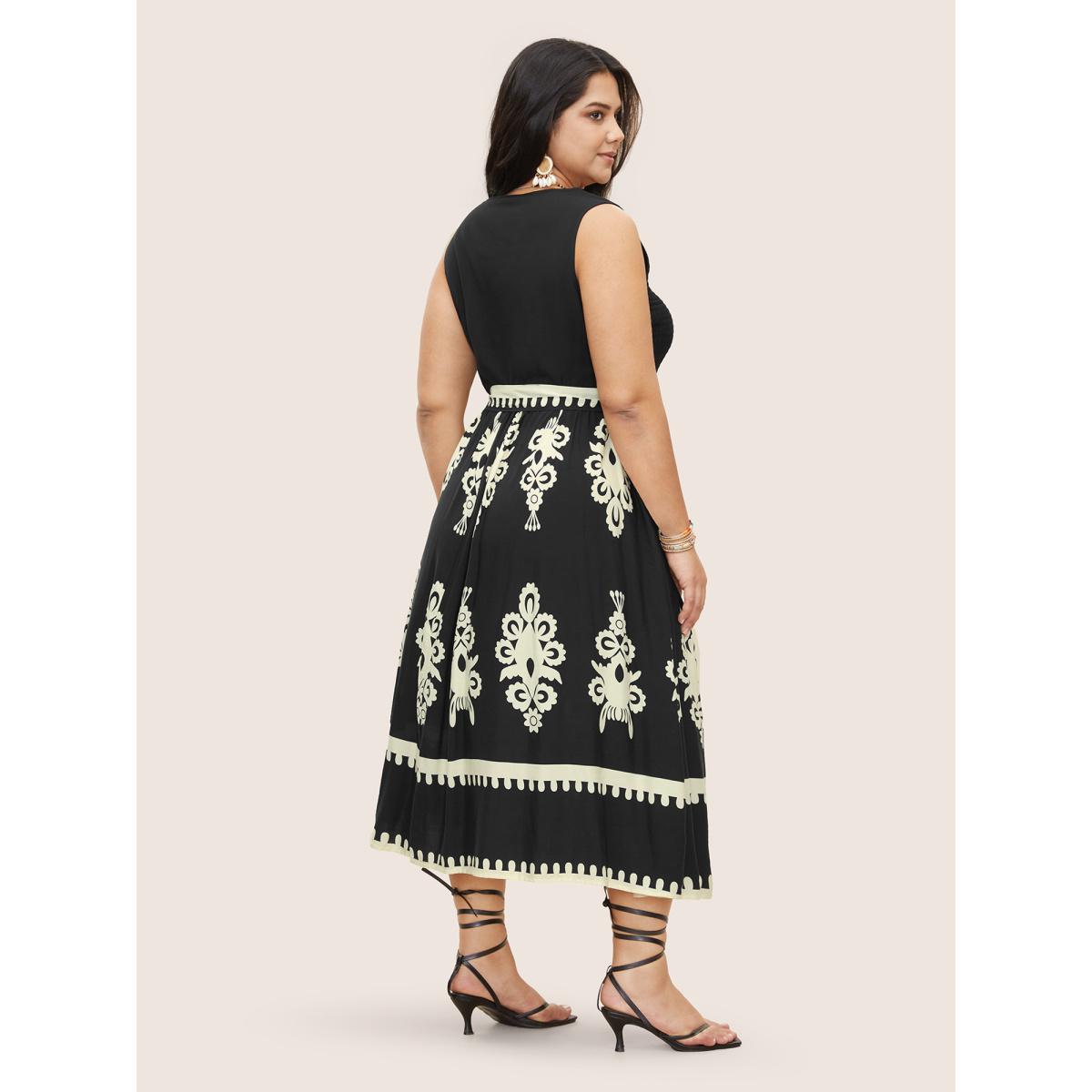 Plus Size Rayon Boho Print Shirred Belted Dress Black Women Resort Belted V-neck Sleeveless Curvy Midi Dress BloomChic 30/6X Product Image