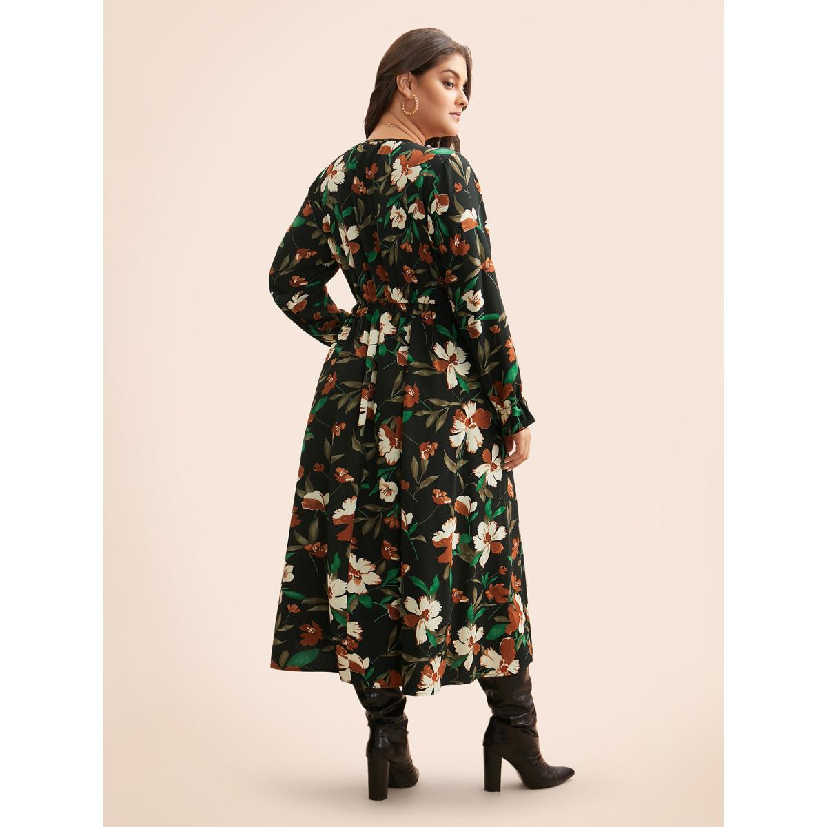 Plus Size Floral Elastic Waist Frill Trim Midi Dress BlackFlower Women Elegant Frill Trim V-neck Long Sleeve Curvy BloomChic 10/M Product Image