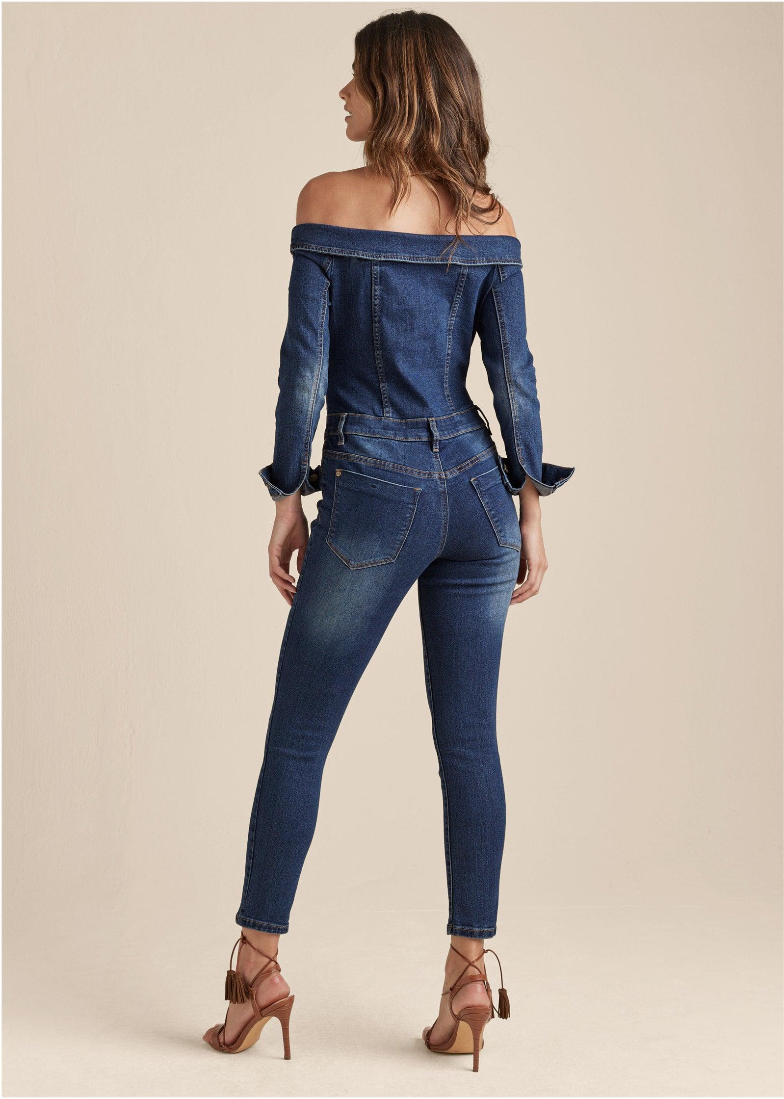 Off-The-Shoulder Denim Jumpsuit - Dark Wash Product Image