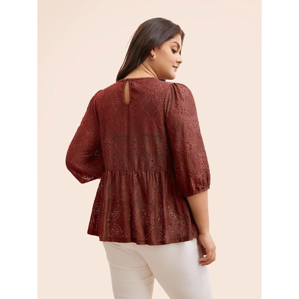Plus Size Burgundy Crew Neck Crochet Lace Lantern Sleeve Blouse Women Elegant Elbow-length sleeve Round Neck Everyday Blouses BloomChic 26/4X Product Image