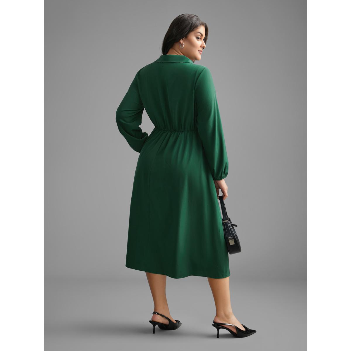 Plus Size Shirt Collar Pleated Button Detail Dress ArmyGreen Women At the Office Pleated Shirt collar Long Sleeve Curvy BloomChic 14-16/1X Product Image