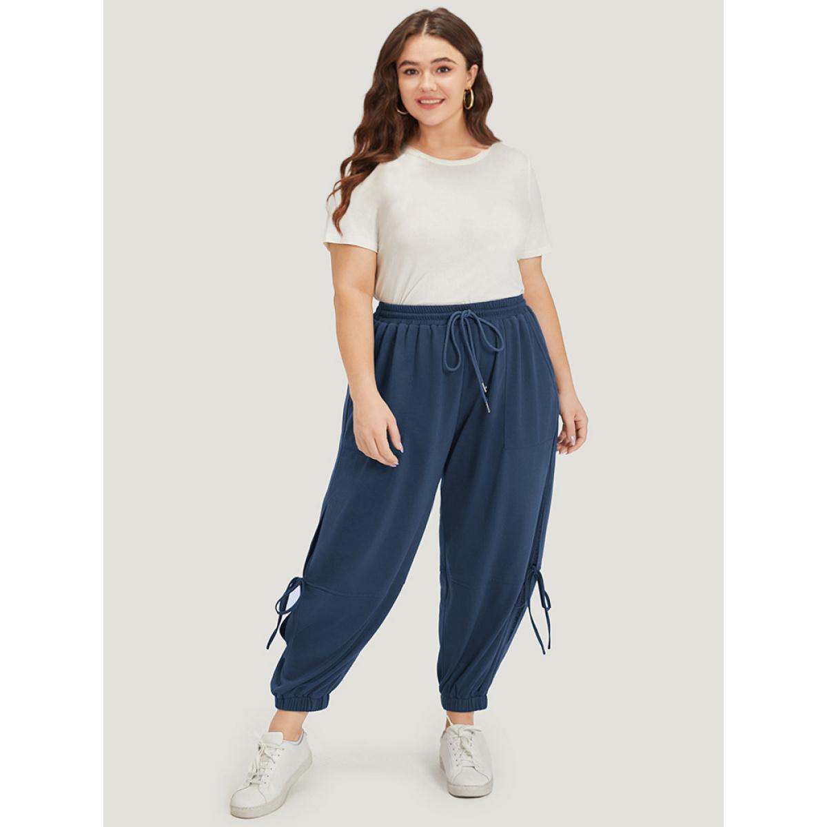 Solid Drawstring Pocket Ties Cut Out Sweatpants Aegean Plus Size Women Casual Dailywear Plain 14-16/1X Bloomchic Product Image