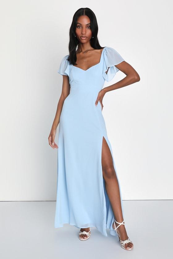Simply Delightful Light Blue Tie-Back Flutter Sleeve Maxi Dress Product Image