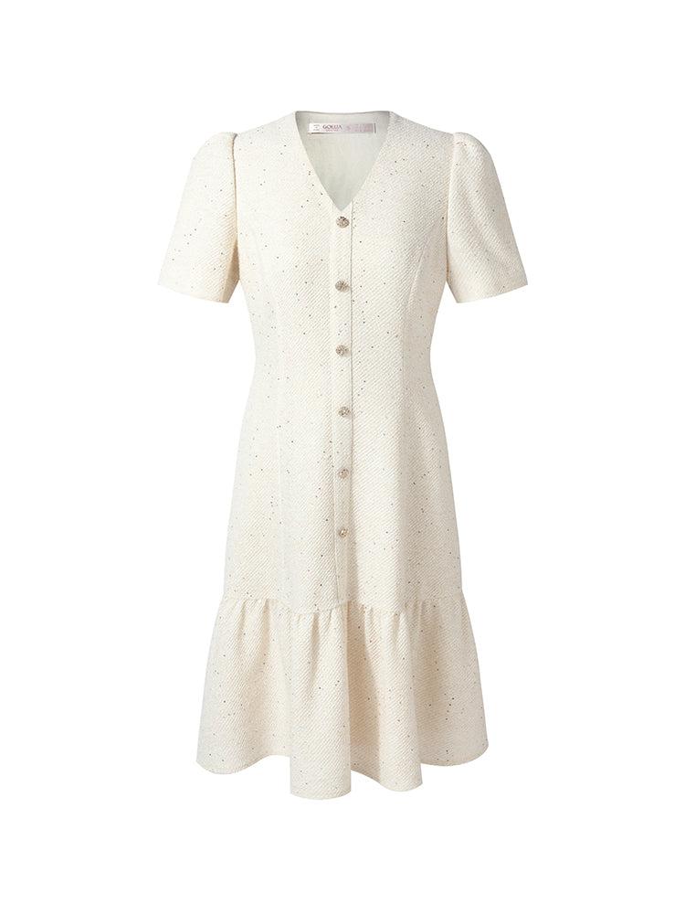 Tweed Sequins V-Neck Ruffle Hem Women Mini Dress Product Image