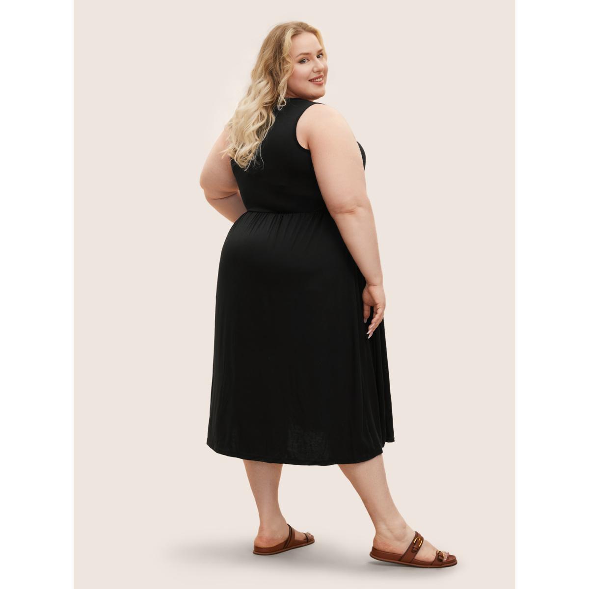 Plus Size Supersoft Essentials Solid Gathered Tank Dress Navy Women Basics Non U-neck Sleeveless Curvy Midi Dress BloomChic 10/M Product Image