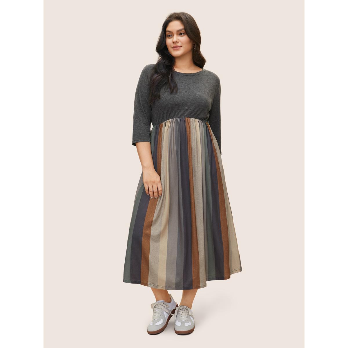 Plus Size Solid Patchwork Pocket Striped Flutter Hem Dress DimGray Women Leisure Non Round Neck Elbow-length sleeve Curvy Midi Dress BloomChic 10/M Product Image