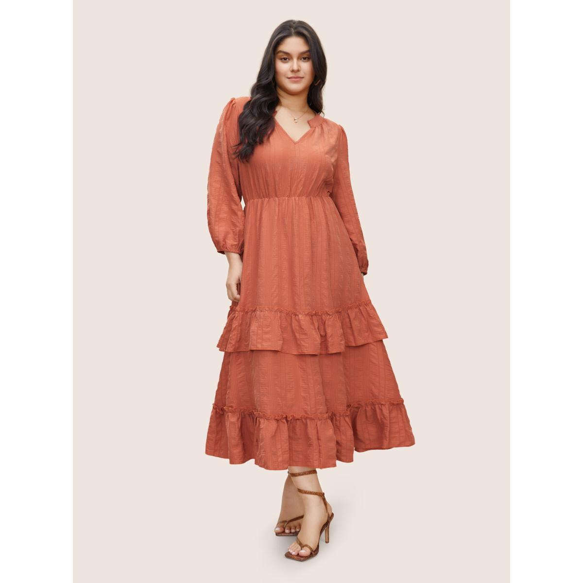 Plus Size Plisse Notched Ruffle Trim Layered Hem Dress Chocolate Women Elegant Non Notched collar Long Sleeve Curvy Midi Dress BloomChic 28/5X Product Image