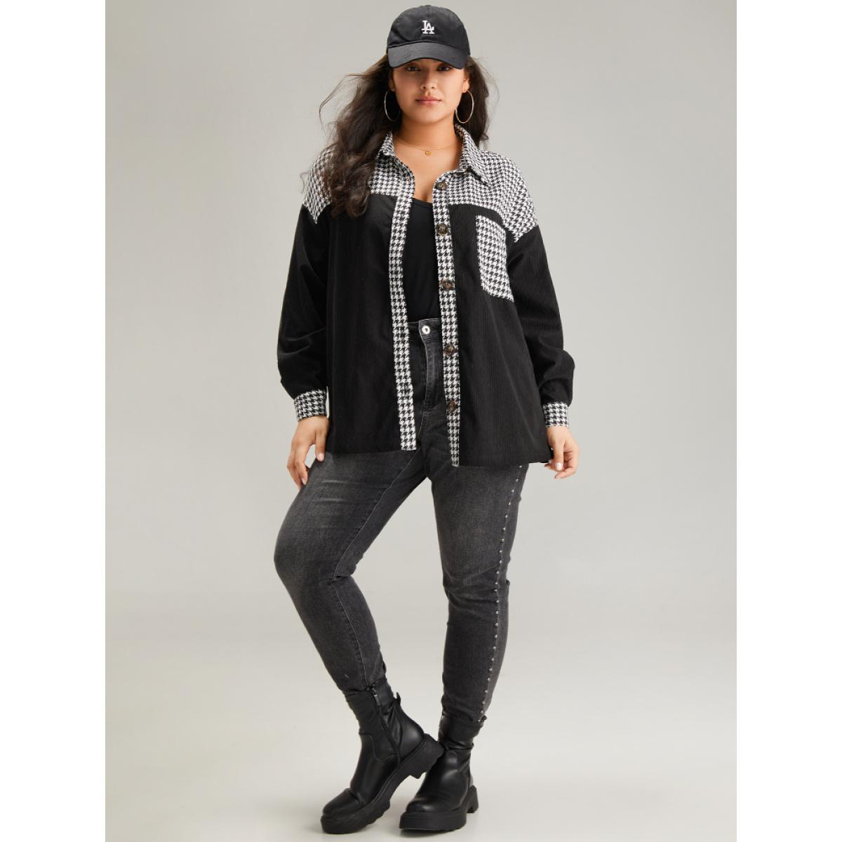 Plus Size Houndstooth Patchwork Pocket Button Through Corduroy Coat Women Black Casual Contrast Ladies Dailywear Winter Coats BloomChic 22-24/3X Product Image