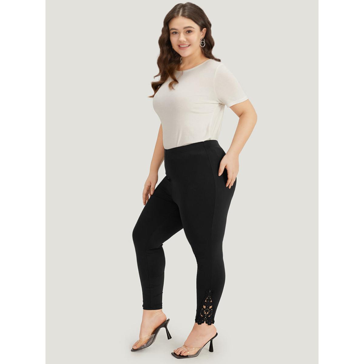 Plus Size Plain Lace Panel Skinny Elastic Waist Leggings Women Black Elegant High stretch Skinny High Rise Dailywear Leggings BloomChic 26/4X Product Image