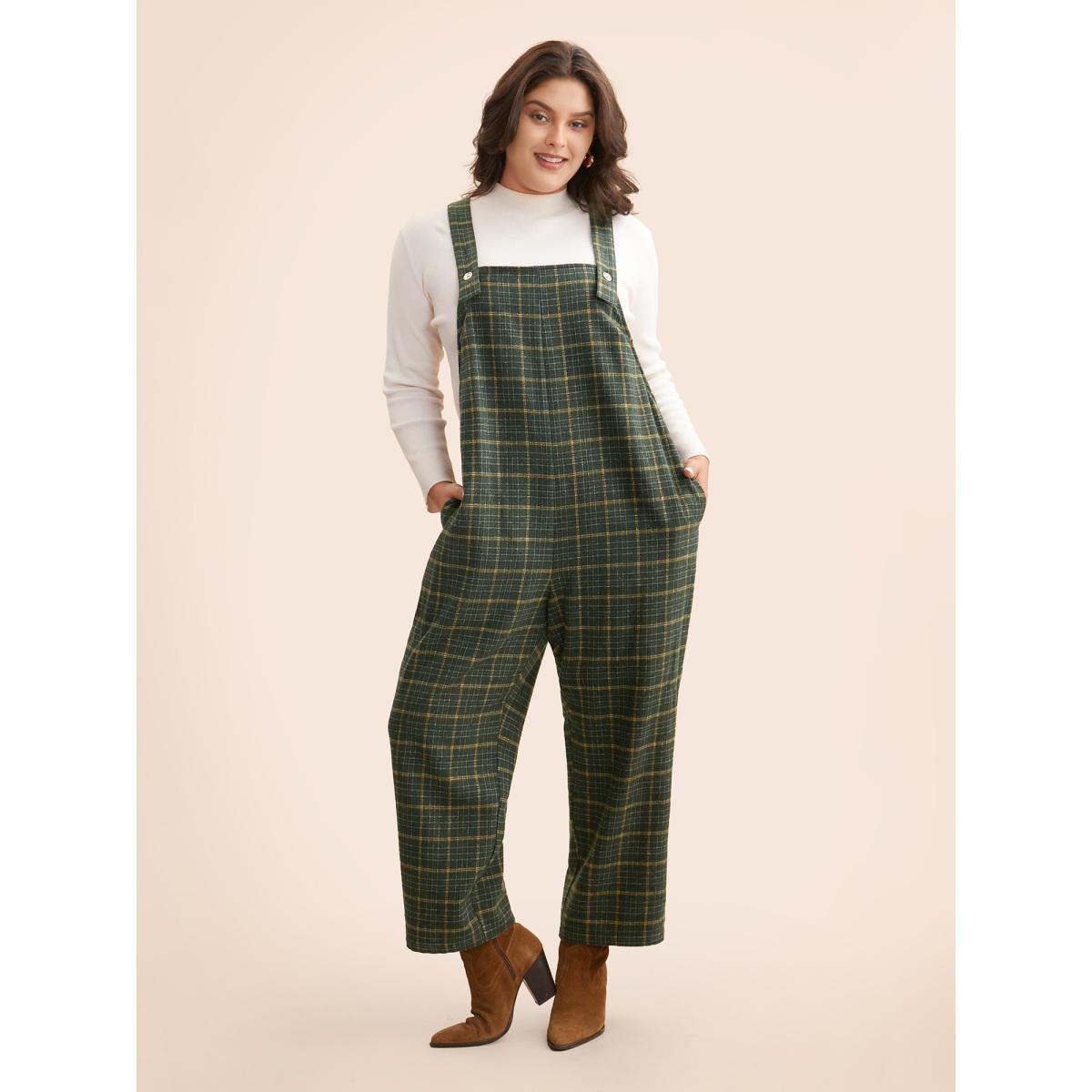 Plus Size ArmyGreen Plaid Adjustable Straps Pocket Jumpsuit Women Elegant Sleeveless Non Everyday Loose Jumpsuits BloomChic 22-24/3X Product Image