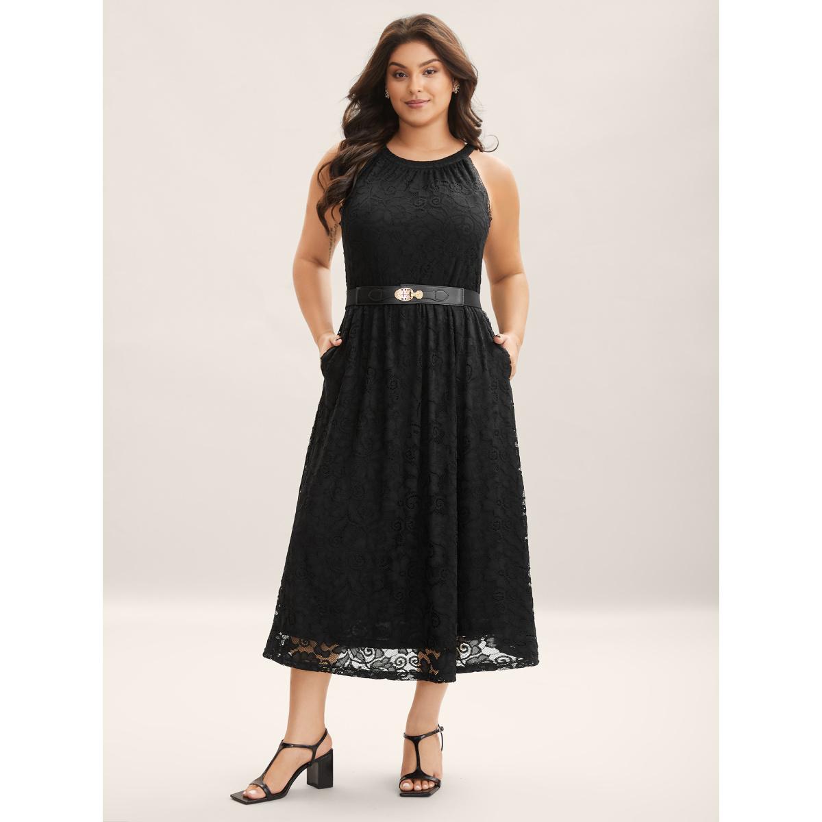Plus Size Textured Lace Sleeveless Pockets Midi Dress Black Women Romantic Round Neck Sleeveless Curvy BloomChic 18-20/2X Product Image
