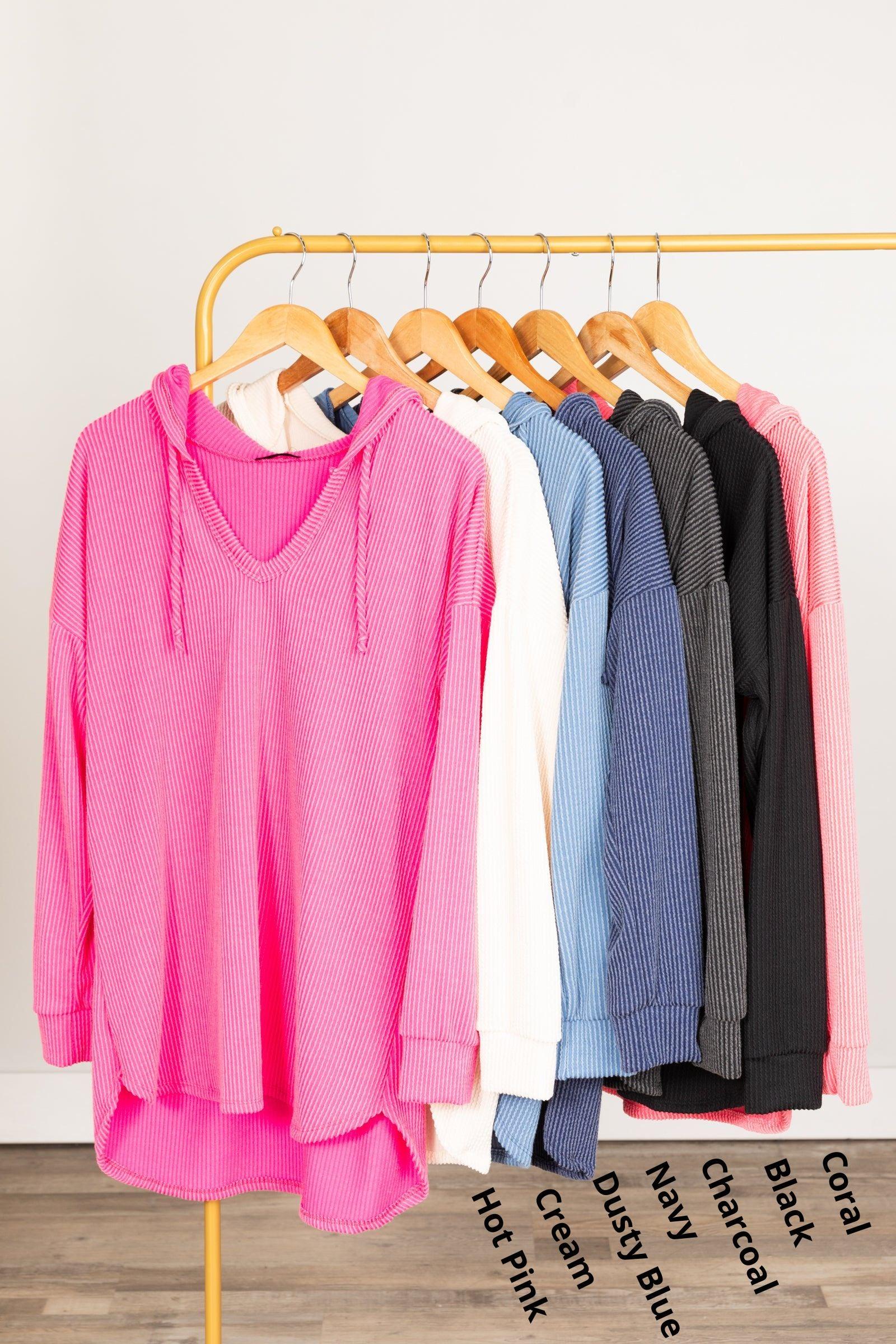 Ribbed V-Neck Hooded Long Sleeve Top Product Image