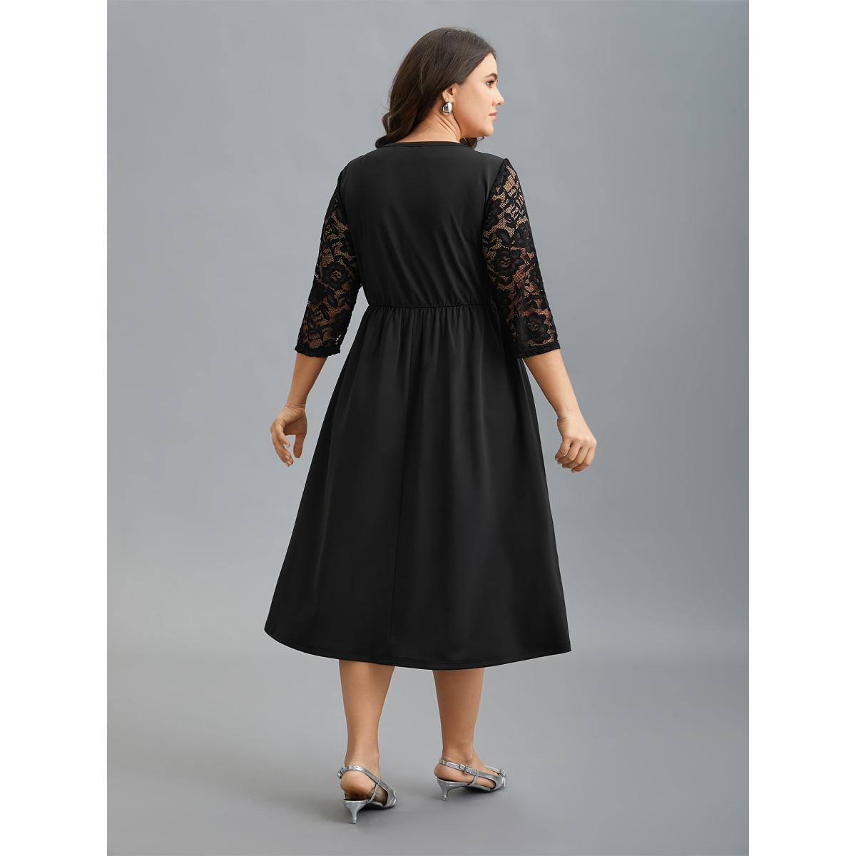 Plus Size Neck Cut-Out Lace Stretchy-Waist Midi Dress Black Women At the Office Texture Knit Dresses Bloomchic 30/6X Product Image