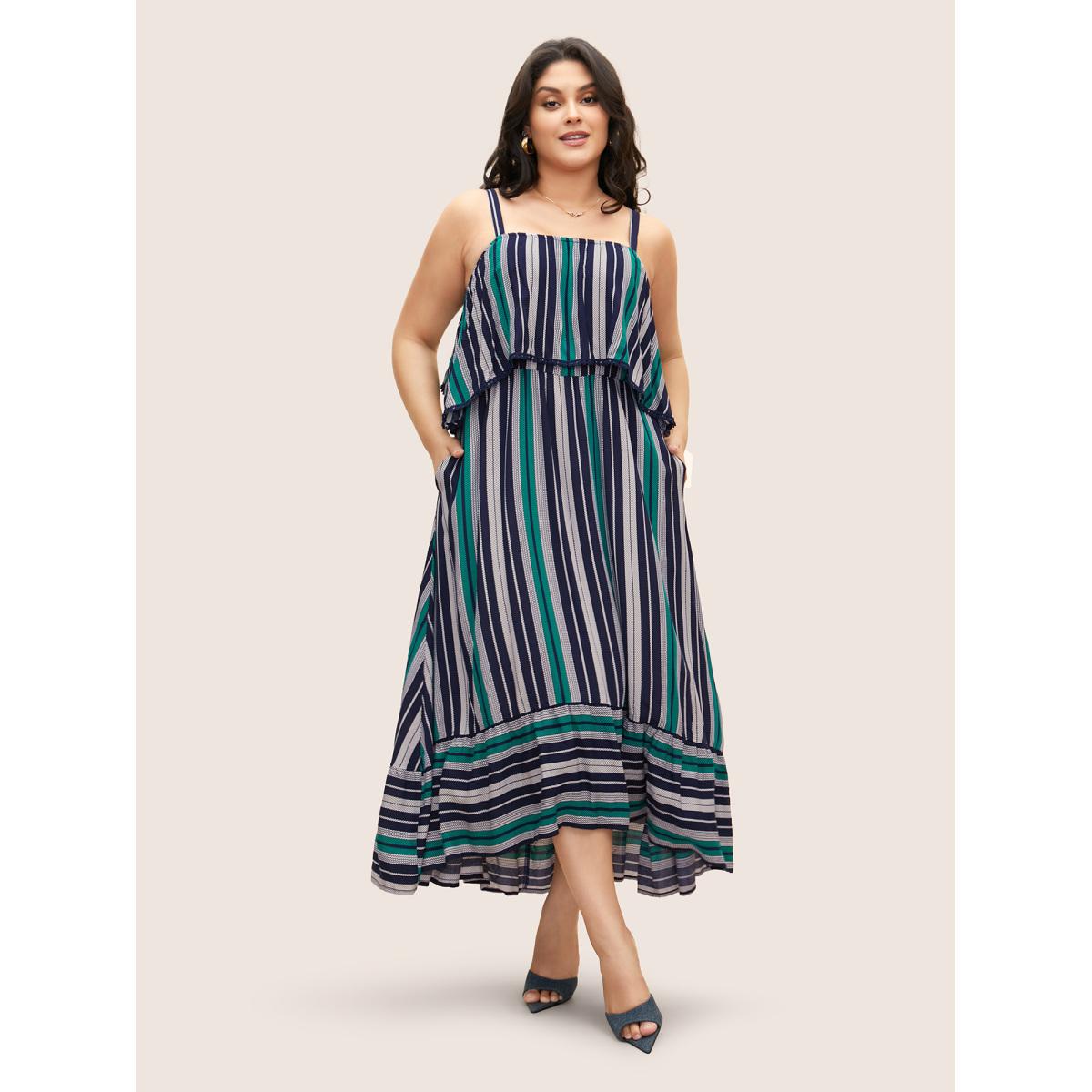 Plus Size Contrast Striped Ruffles Woven Ribbon Dress Indigo Women Elegant Woven ribbon&lace trim One-shoulder neck Sleeveless Curvy BloomChic 14-16/1X Product Image