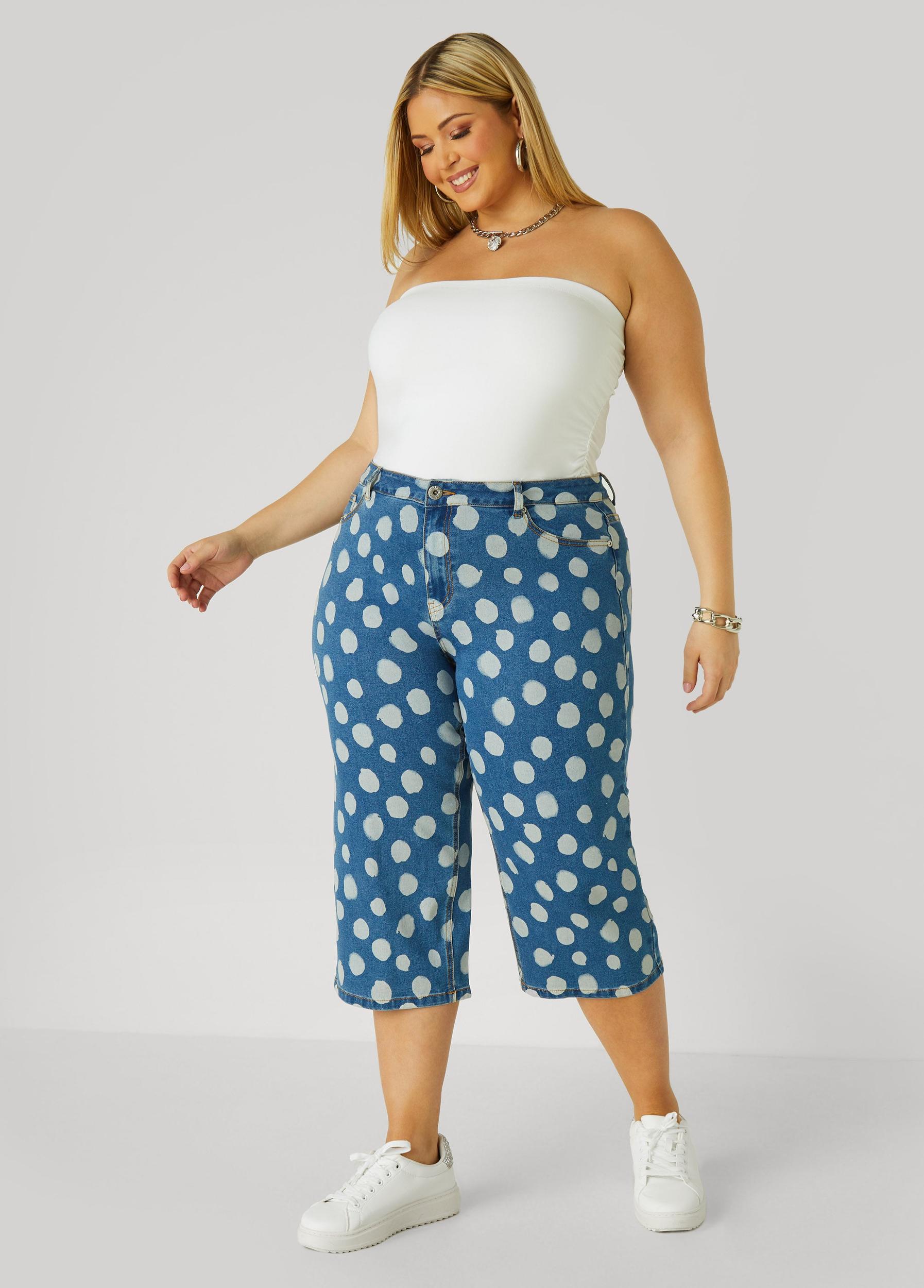 Plus Size Polka Dot Denim Capris Ashley Stewart Product Image