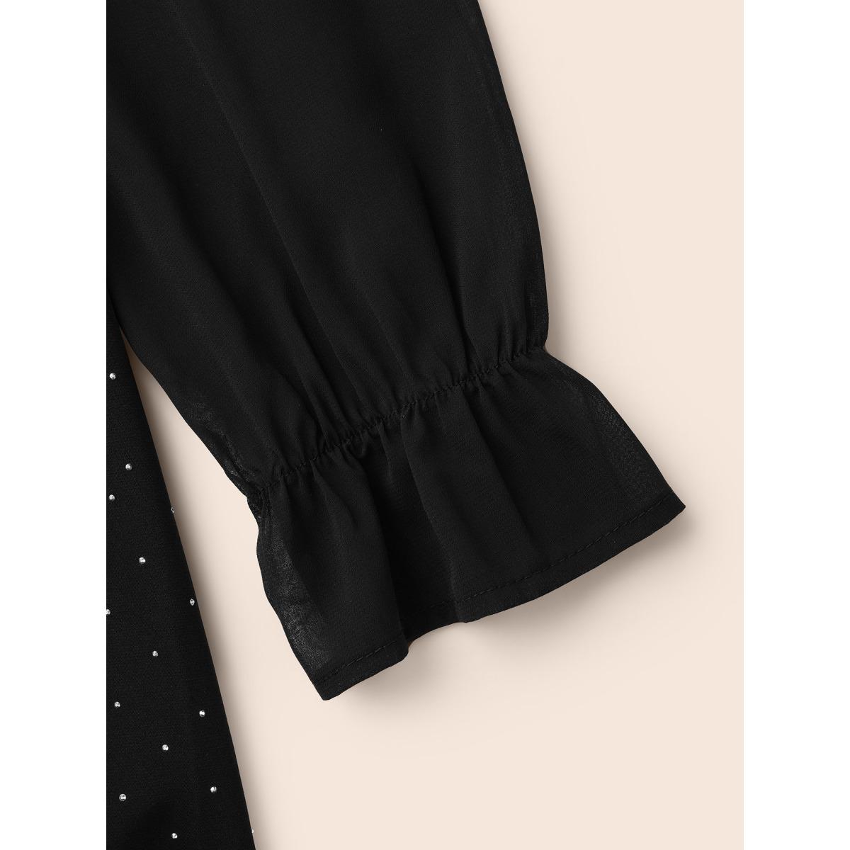 Plus Size V Neck Rhinestone Patchwork Ruffles Dress Pureblack Women Cocktail Rhinestone detailing Party Curvy Bloomchic 12/L Product Image