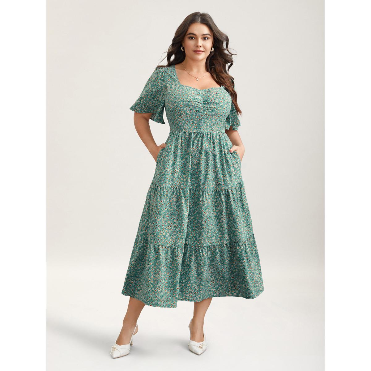 Plus Size Ditsy Floral Print Sweetheart Neckline Tiered Dress Sage Women Elegant Gathered Heart neckline Short sleeve Curvy BloomChic 14-16/1X Product Image