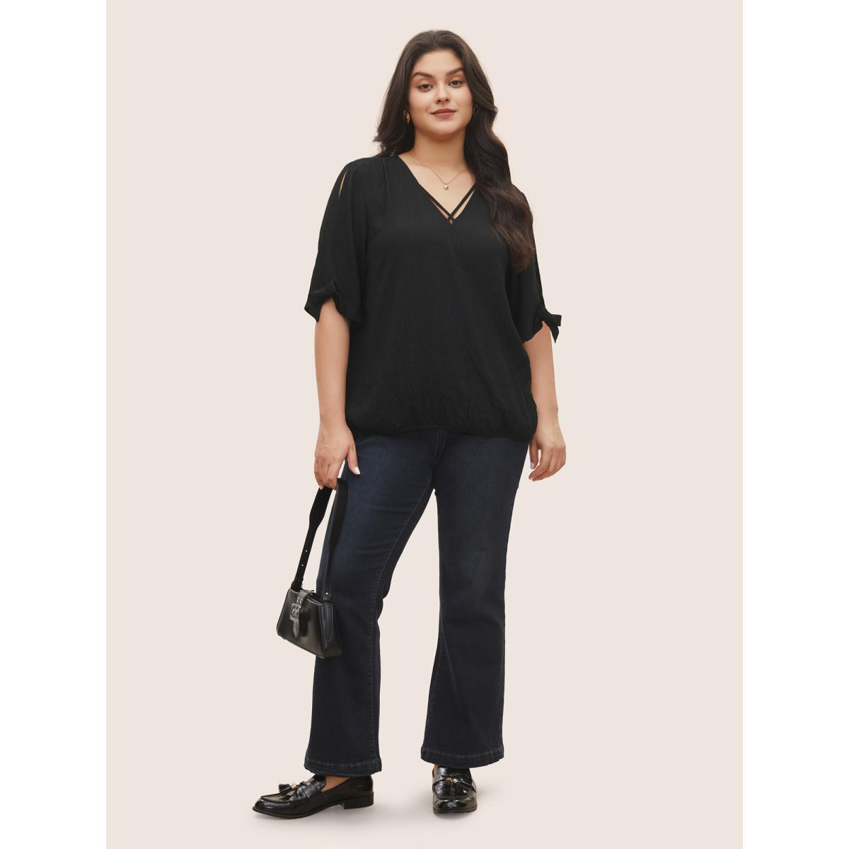 Plus Size Black Stretchy Woven Bowknot Cut Out Gathered Crisscross Blouse Women At the Office Half Sleeve V-neck Office Blouses BloomChic 14-16/1X Product Image