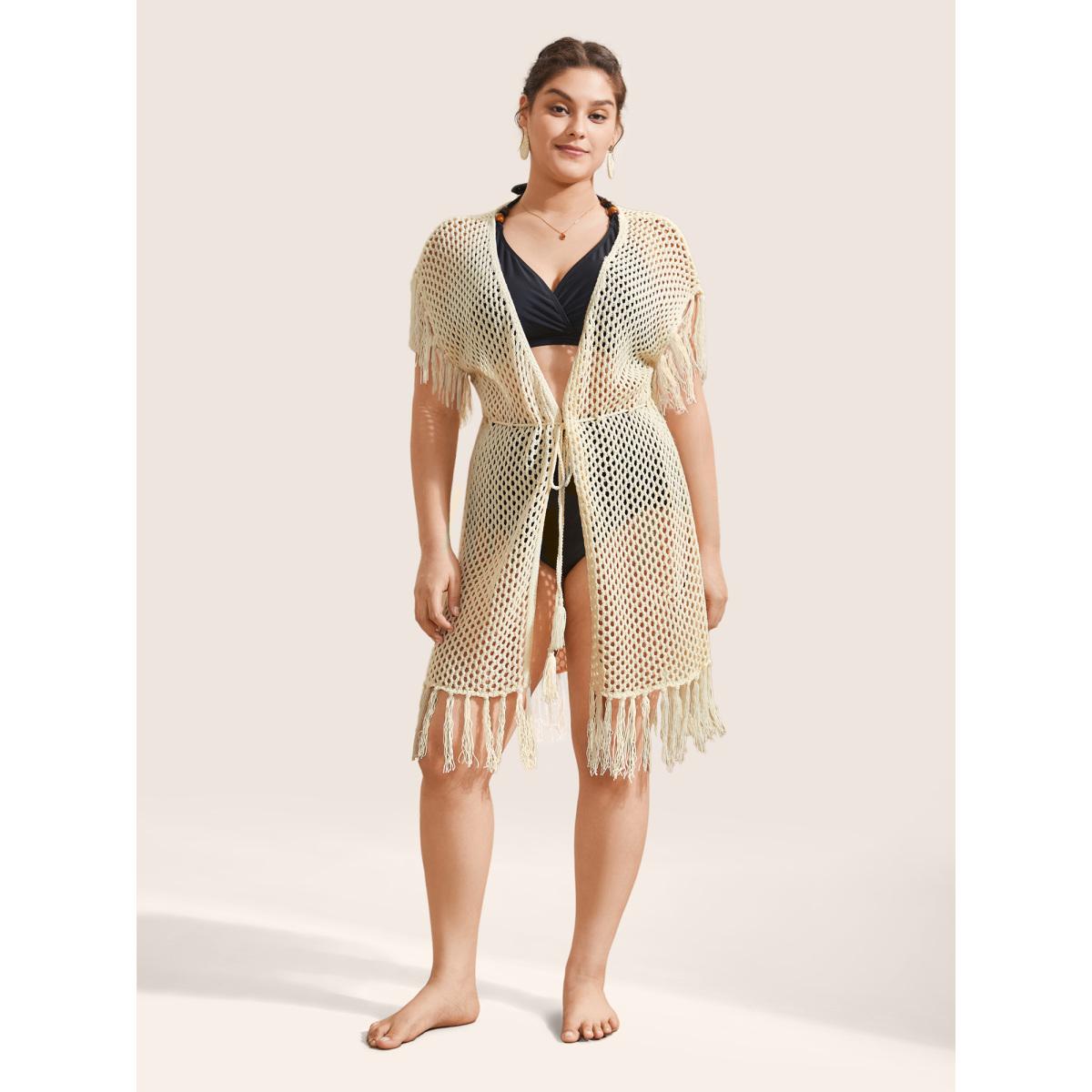Plus Size Solid Cut Out Drawstring Tassel Trim Swim Cover Up Women's Swimwear Ivory Beach Tassels Curve Swim Cover Ups BloomChic 28/5X Product Image