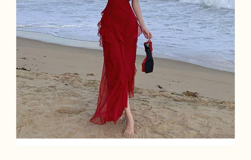 Sleeveless Scoop Neck Plain Ruffle Trim Slit Maxi Sheath Dress Product Image