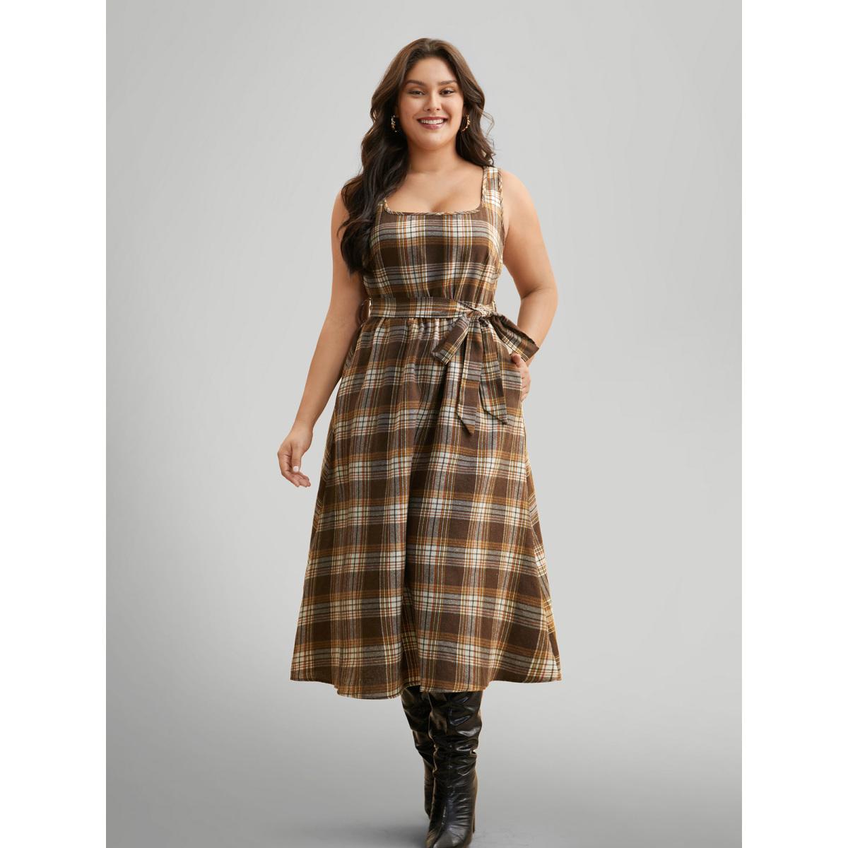 Plus Size Square Neck Plaid Belted Dress Browncoffeecolor Women Elegant Belted Square Neck Sleeveless Curvy BloomChic 14-16/1X Product Image