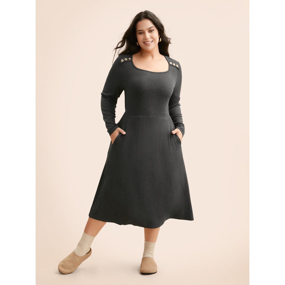 Plus Size Supersoft Essentials Button Shoulder Midi Dress DarkGray Women Casual Texture Square Neck Long Sleeve Curvy BloomChic 14-16/1X Product Image