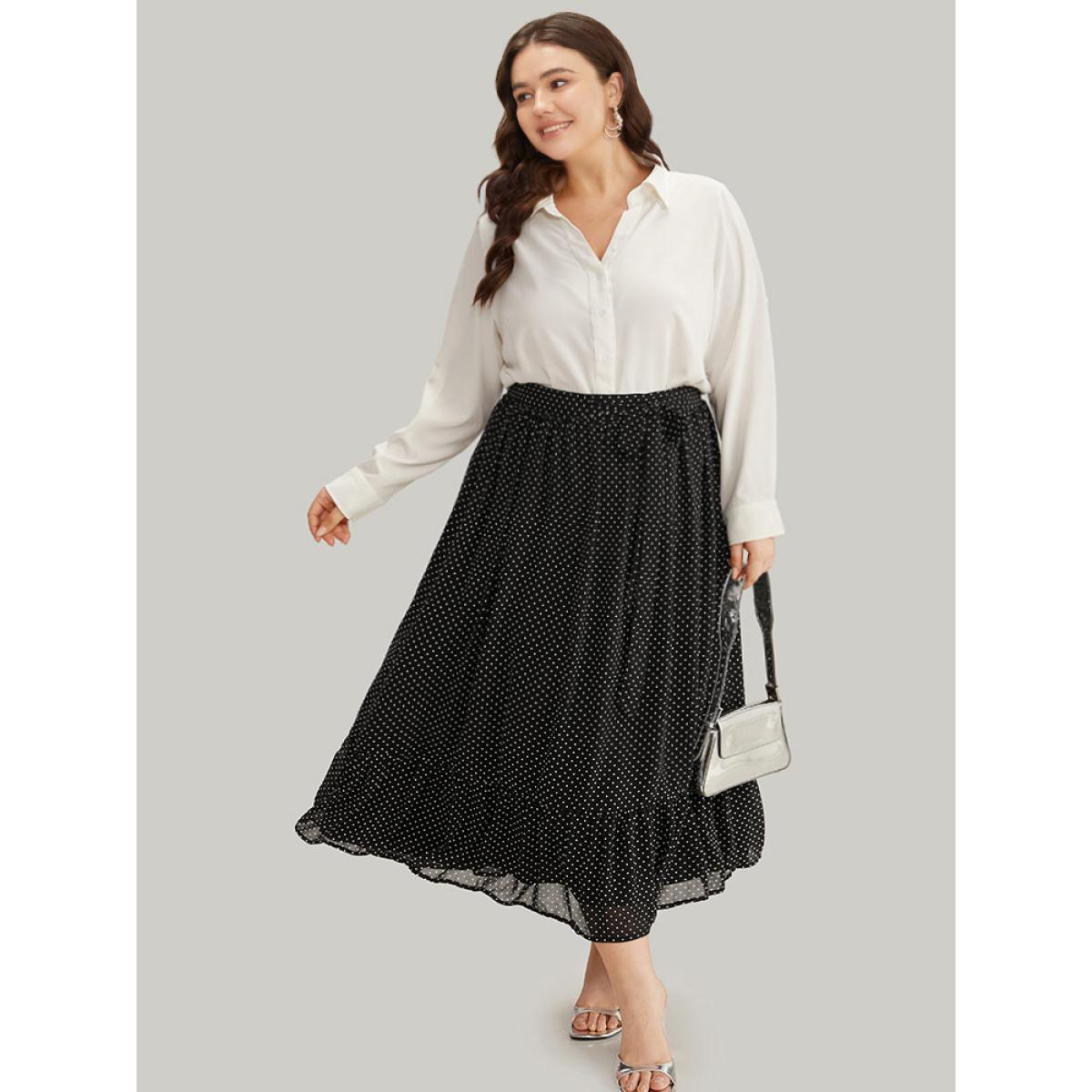 Plus Size Polka Dot Bowknot Ties Ruffles Skirt Women Black Office Lined No stretch Office Skirts BloomChic 26/4X Product Image