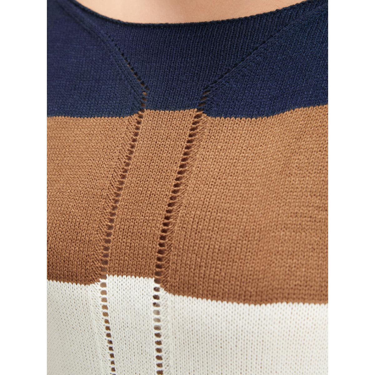 Plus Size Colorblock Contrast Pointelle Knit Eyelet Split Hem Knit Top Midnight Women Casual Loose Long Sleeve Round Neck Dailywear Pullovers BloomChic 18-20/2X Product Image