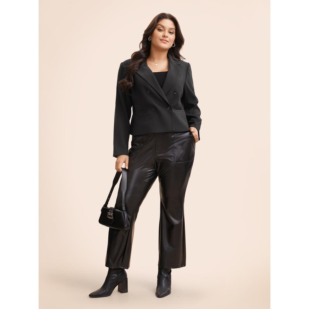 Plus Size Slim-Fit Double Pocket Cropped Blazer Black Women Work Button Sleeve Long Sleeve Suit Collar 10/M Single-flap pocket At the Office Blazers BloomChic Product Image