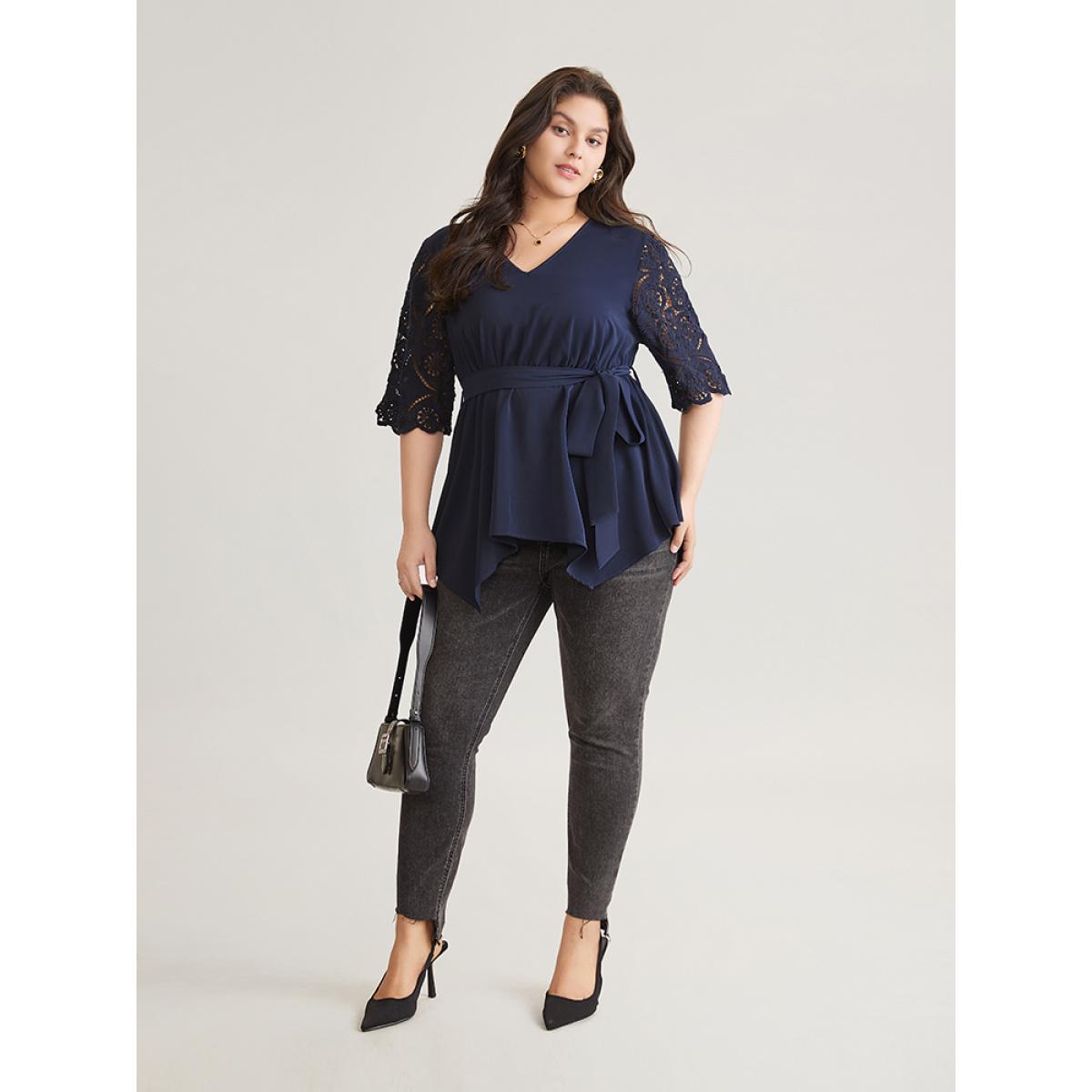 Plus Size Indigo Lace Patchwork Belted Hanky Hem Blouse Women Elegant Half Sleeve V-neck Work Blouses BloomChic 14-16/1X Product Image