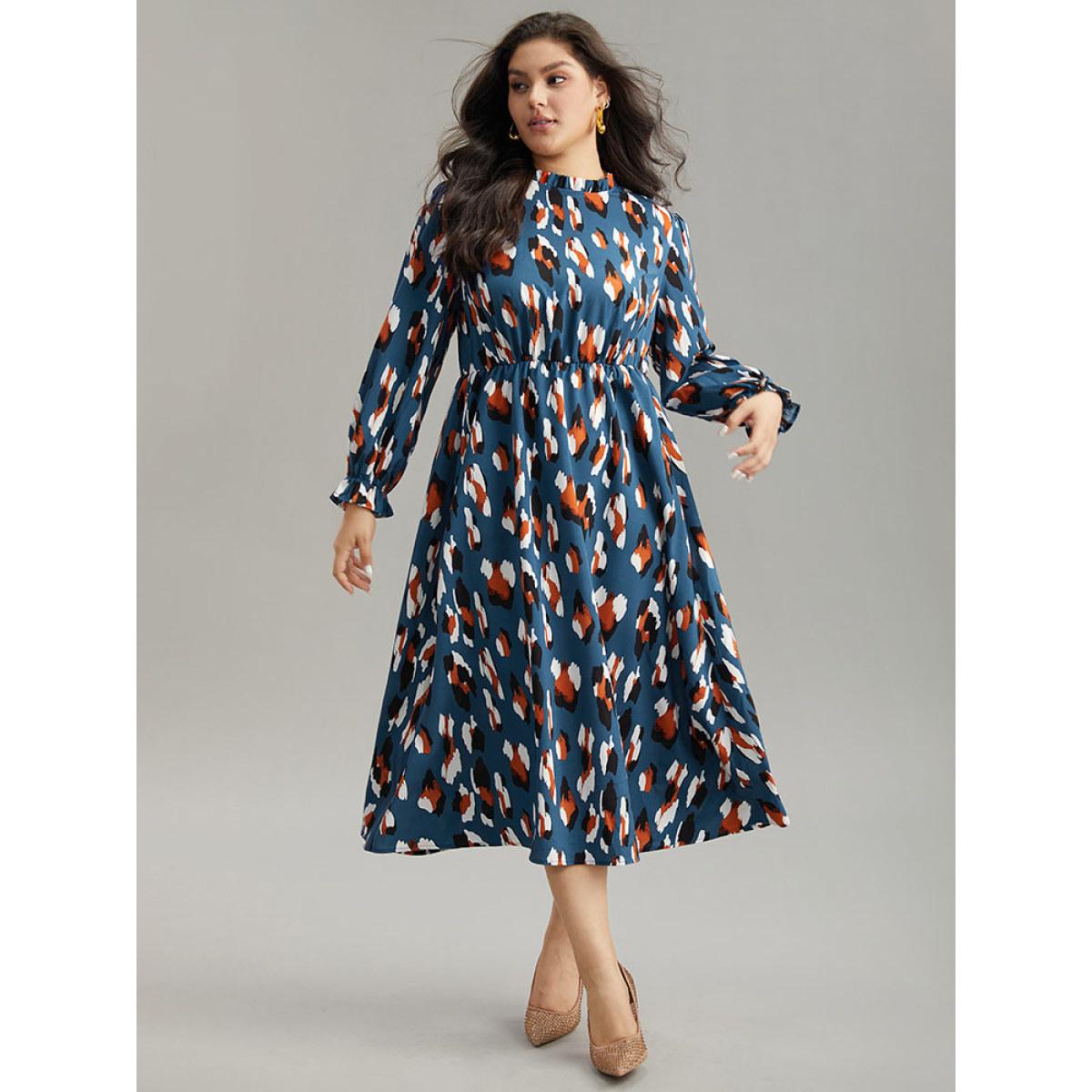 Plus Size Allover Print Stand Collar Pocket Ruffles Dress Aegean Women Office Printed Stand-up collar Long Sleeve Curvy Midi Dress BloomChic 18-20/2X Product Image