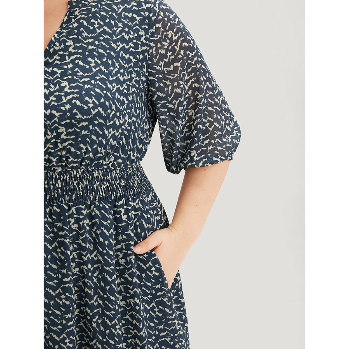 Plus Size Bird Print Notched Shirred Lantern Sleeve Dress Blue Women Office Elastic cuffs Notched collar Half Sleeve Curvy Midi Dress BloomChic 26/4X Product Image