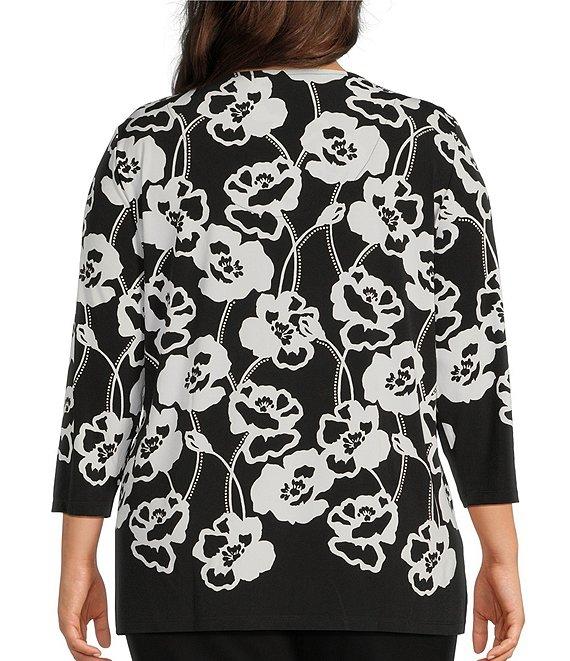 Allison Daley Plus Size Floral Print 3/4 Sleeve Criss Cross V-Neck Knit Top Product Image