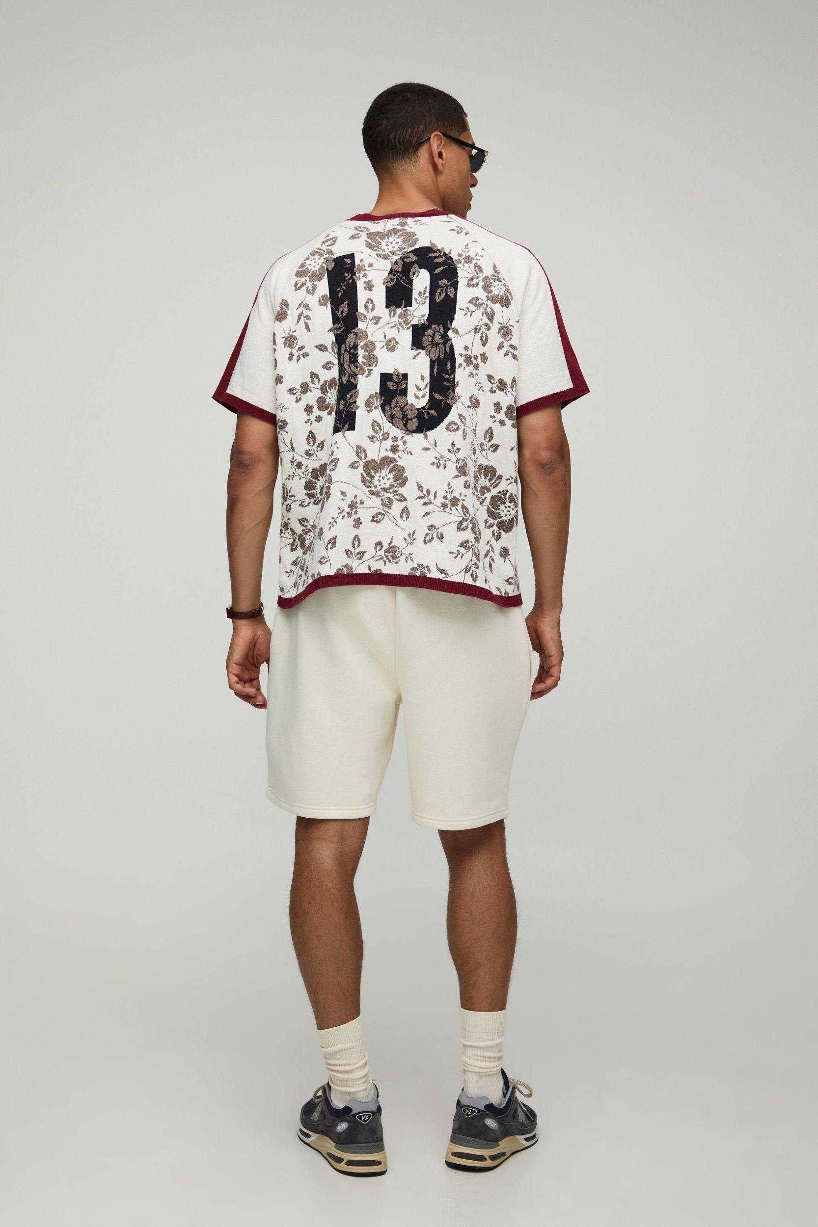 Oversized Boxy Floral Varsity Jacquard Knitted T-shirt | boohooMAN USA Product Image