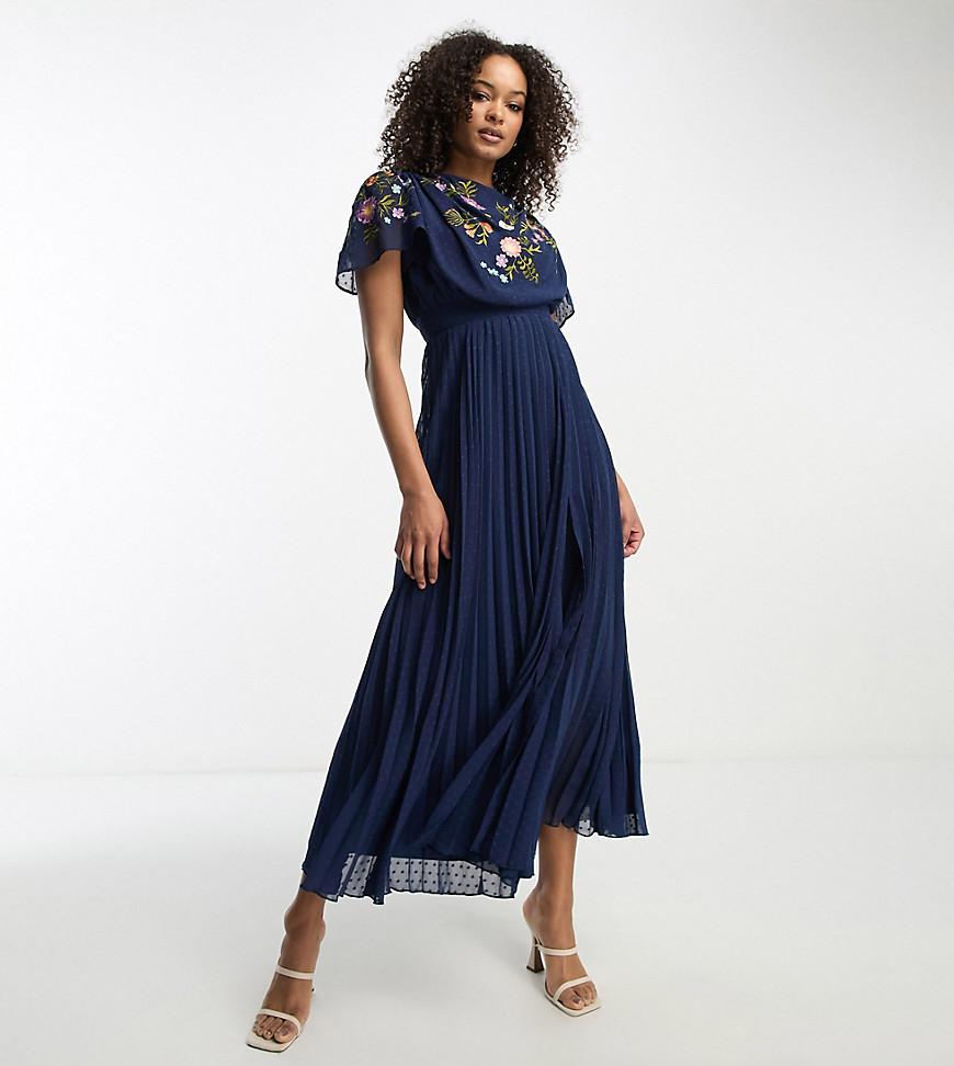 ASOS DESIGN Tall pleated textured cowl front embroidered midi dress Product Image