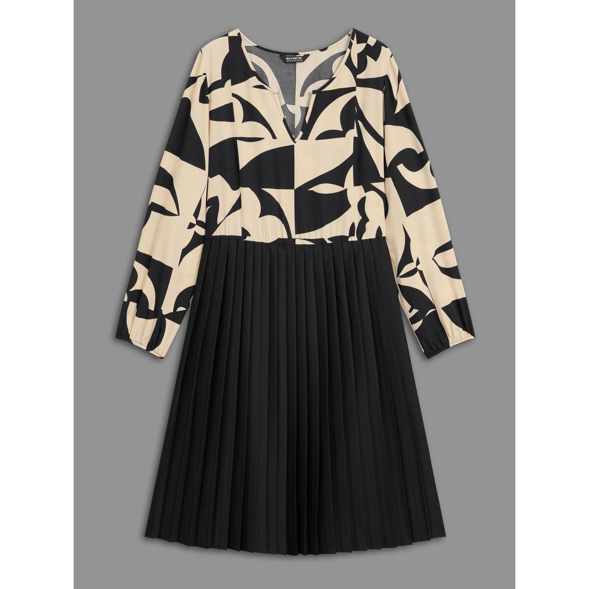 Plus Size Notched Geometric Print Pleated Dress Black Women At the Office Pleated Flat collar with V-notch Long Sleeve Curvy BloomChic 14-16/1X Product Image