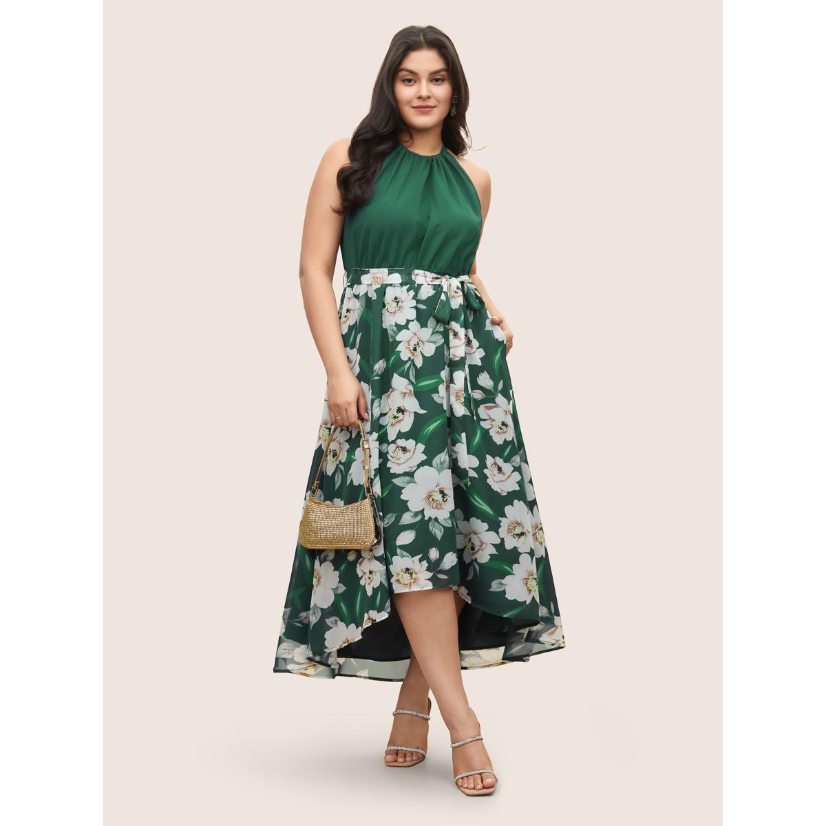 Plus Size Floral Patchwork Halter Ties High Low Hem Dress Indigo Women Elegant Non Halter neck Sleeveless Curvy Midi Dress BloomChic 10/M Product Image