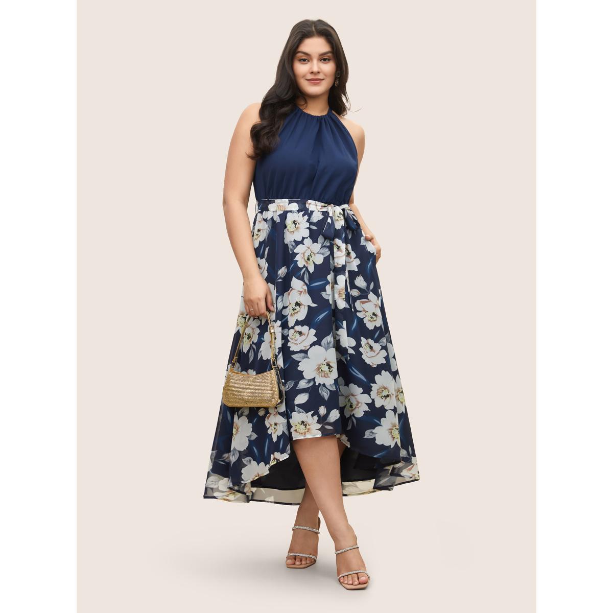 Plus Size Floral Patchwork Halter Ties High Low Hem Dress Indigo Women Elegant Non Halter neck Sleeveless Curvy Midi Dress BloomChic 10/M Product Image
