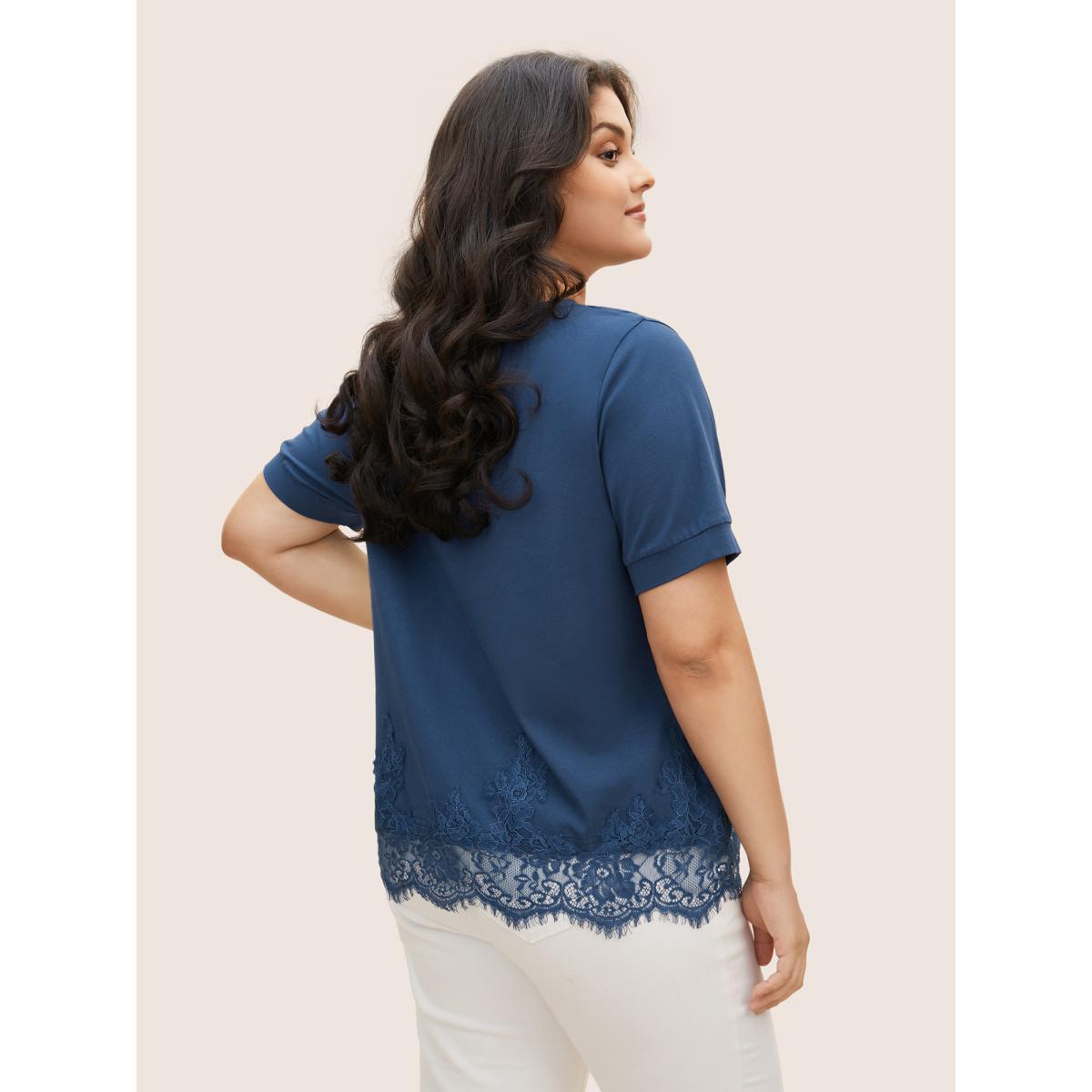 Plus Size Round Neck Solid Lace Panel T-shirt Indigo Women Elegant Patchwork Round Neck Everyday T-shirts BloomChic 12/L Product Image