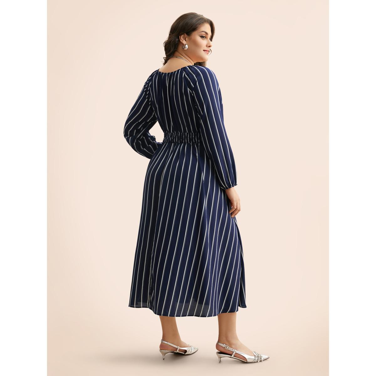Plus Size Striped Shirred Lantern Sleeve Maxi Dress DarkBlue Women Elegant Tie knot U-neck Long Sleeve Curvy BloomChic 14-16/1X Product Image