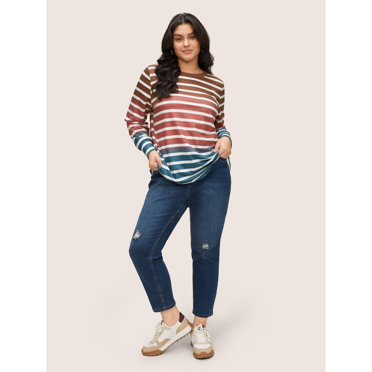 Plus Size Ombre Contrast Striped Patched Pocket Sweatshirt Women Multicolor Casual Non Round Neck Everyday Sweatshirts BloomChic 10/M Product Image