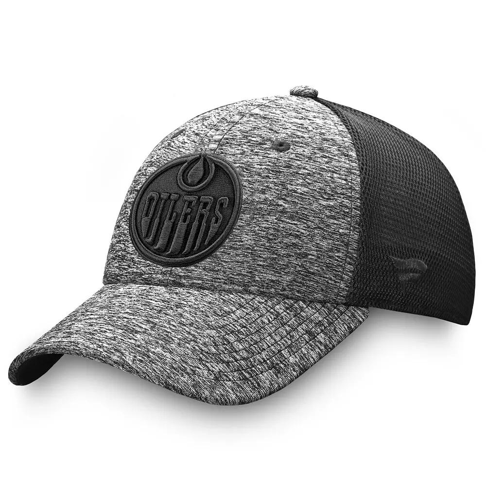Men's Fanatics Branded Heathered Black/Black Edmonton Oilers Authentic Pro Training & Travel Trucker Flex Hat,  Product Image