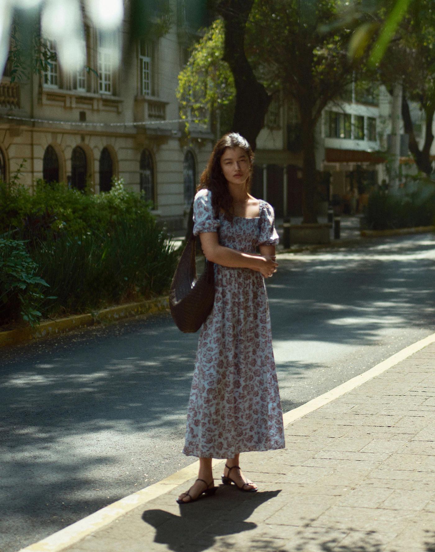 Smocked Puff-Sleeve Dress in Floral Product Image