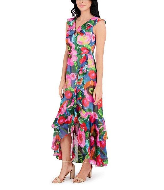 Kensie Chiffon Floral Print V Neck Sleeveless Blouson High-Low Midi Dress Product Image