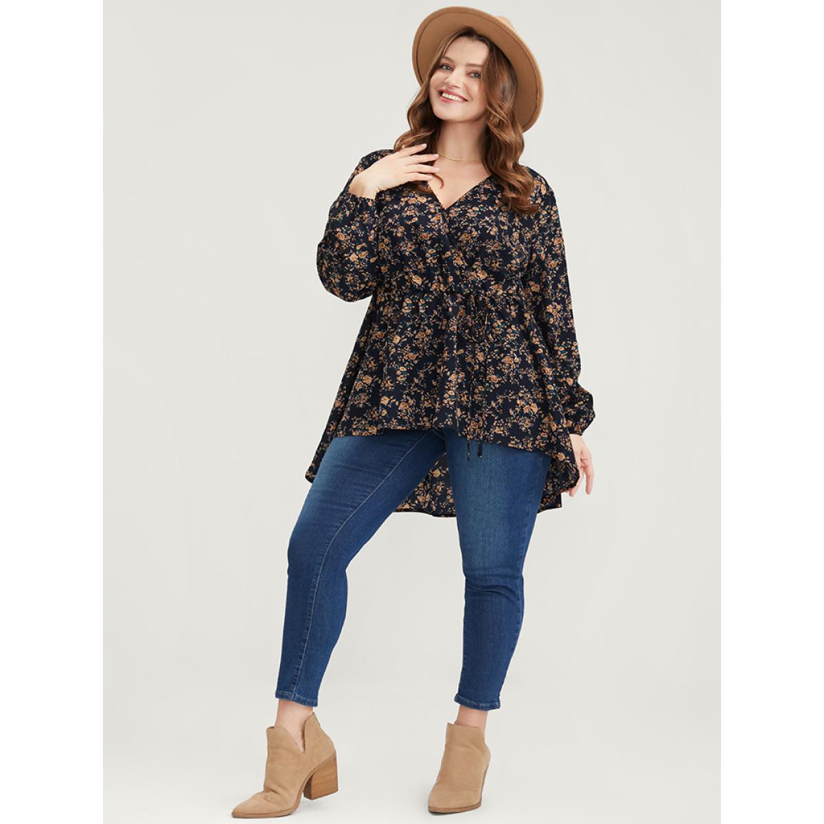Plus Size Indigo Floral Wrap Lantern Sleeve High Low Hem Blouse Without Hat Women Elegant Long Sleeve V-neck Dailywear Blouses BloomChic 26/4X Product Image