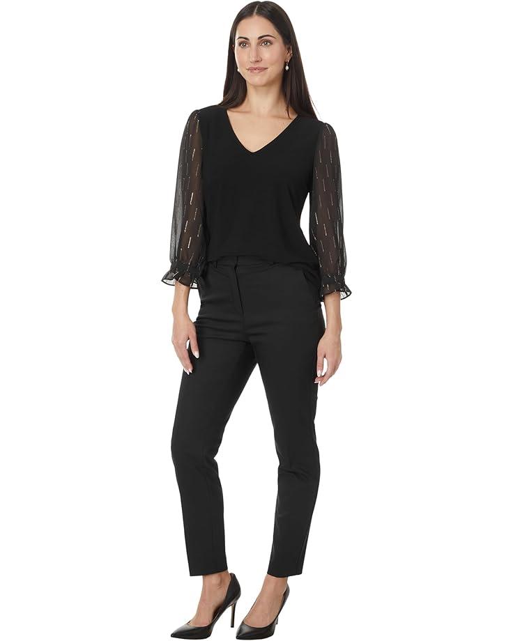 Short Sleeve Button Front Lace Trim Top Product Image