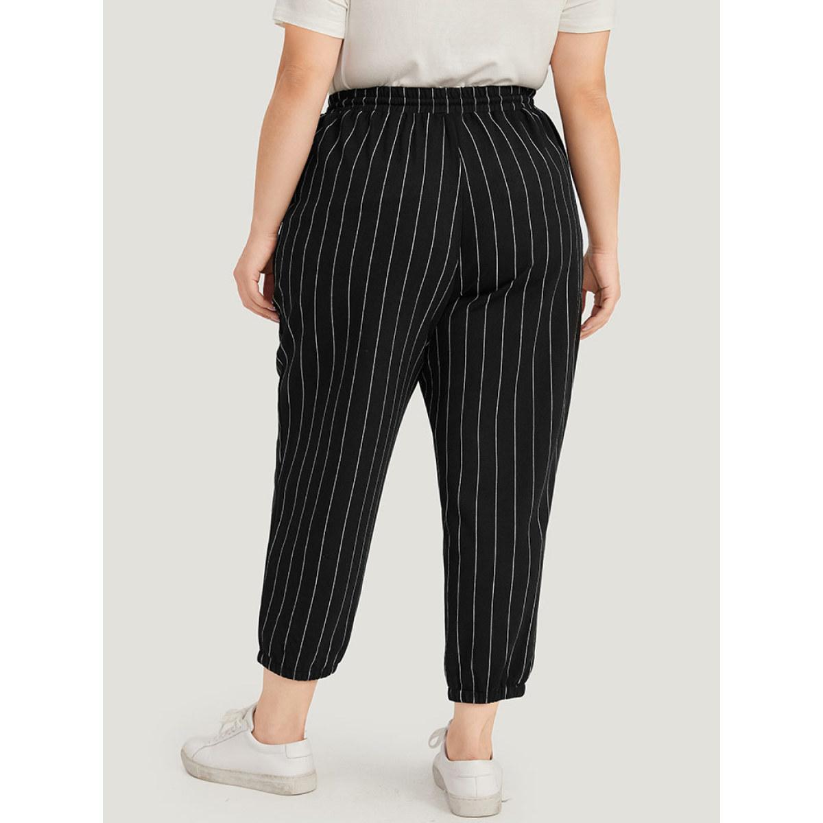 Plus Size Striped Elastic Waist Pocket Drawstring Sweatpants Women Black Casual High Rise Dailywear Pants BloomChic 28/5X Product Image