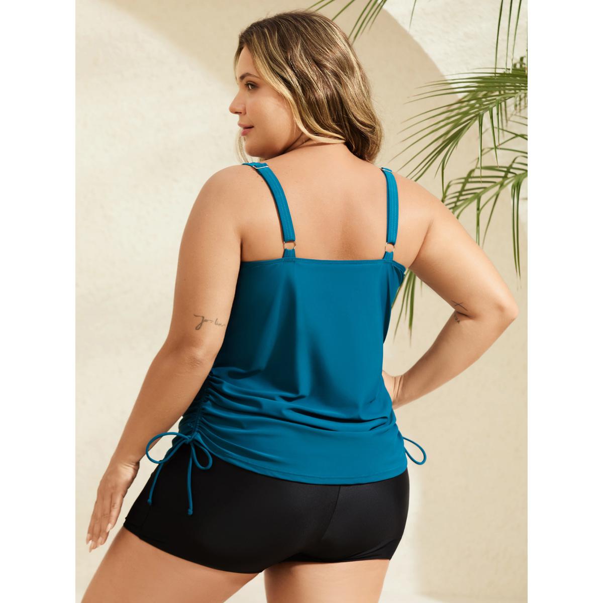 Plus Size Side Drawstrings Plain Swim Top Women's Swimwear Cyan Resort Drawstring High stretch Skinny U-neck Curve Swim Tops BloomChic 28/5X Product Image