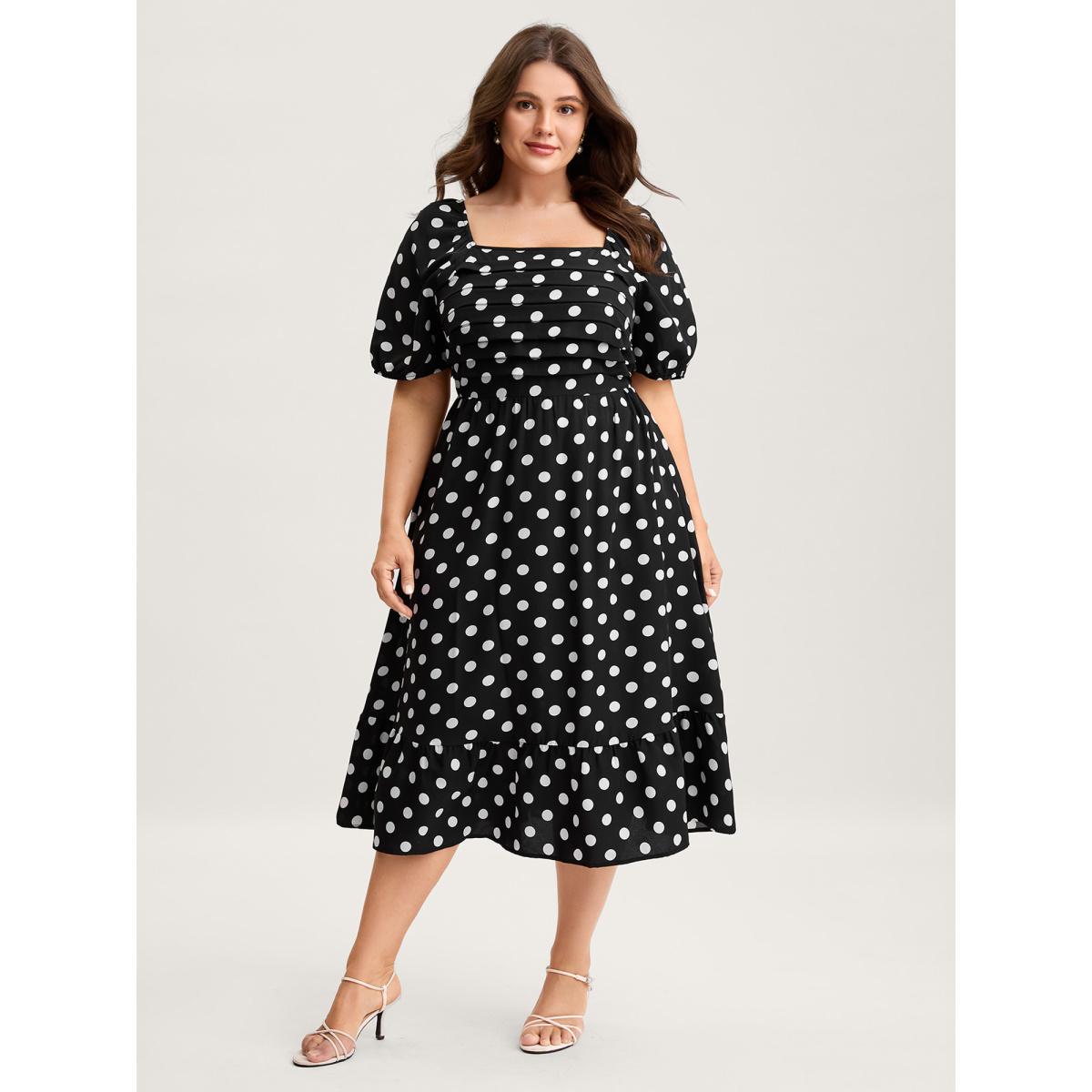 Plus Size Polka Dots Pleated Bodice Midi Dress Black Women Pleated Square Neck Short sleeve Curvy BloomChic 10/M Product Image