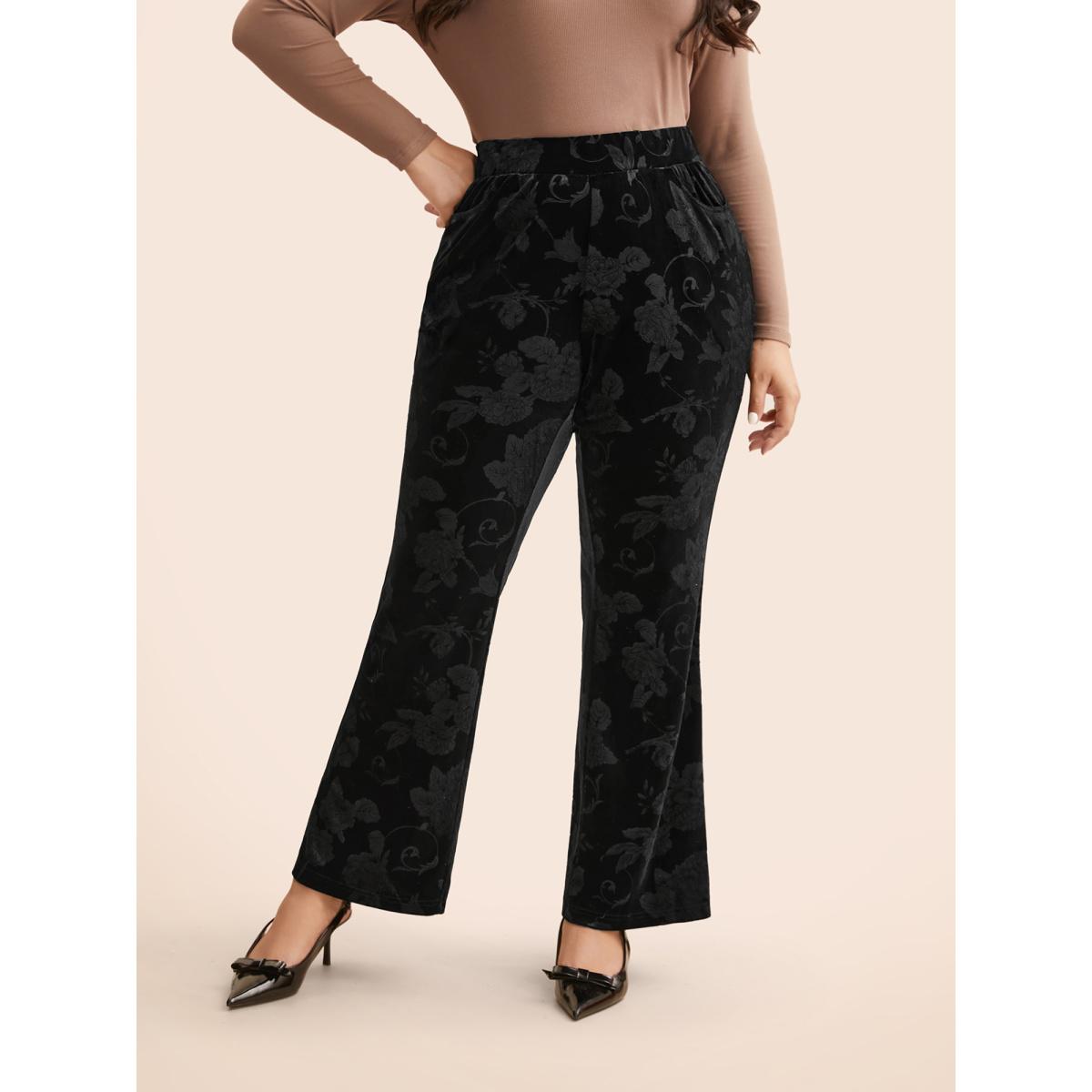 Plus Size Velvet Floral Mid Rise Bootcut Leggings Women Black Elegant Medium stretch Bootcut Mid Rise Everyday Leggings BloomChic 14-16/1X Product Image